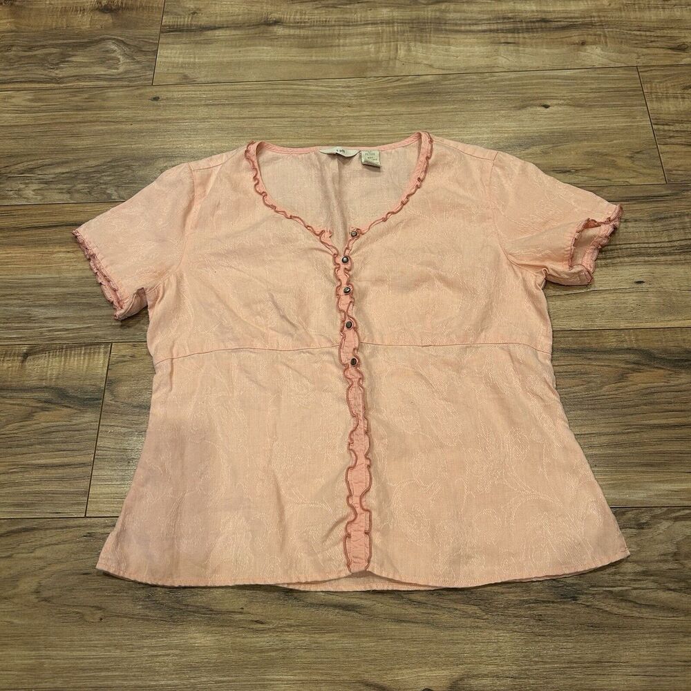 Vintage J.Jill Linen Blouse Embossed Floral Ruffle Trim Pink Women's Sm P